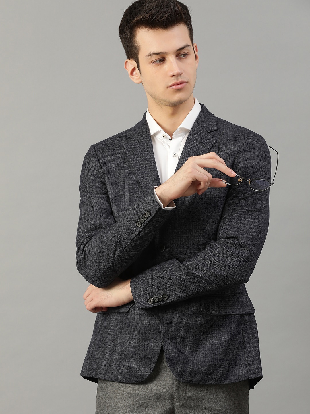 

Bruun & Stengade Men Charcoal Grey Self-Design Slim Fit Single-Breasted Formal Blazer