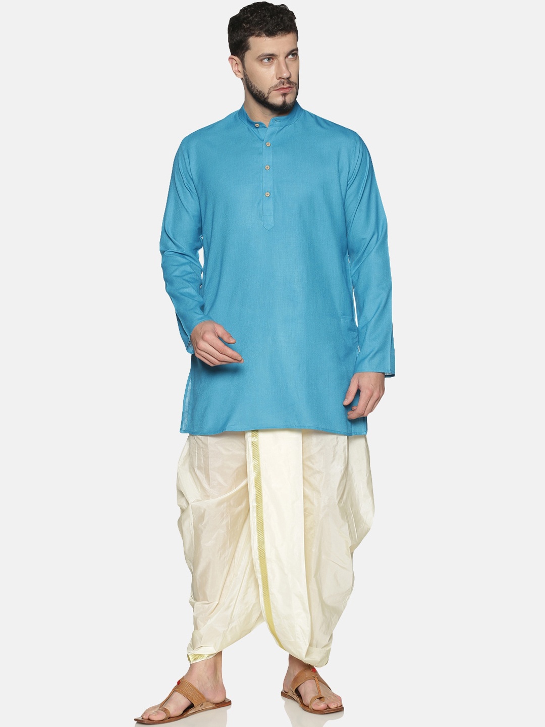 

TATTVA Men Blue & Cream-Coloured Solid Kurta with Dhoti Pants