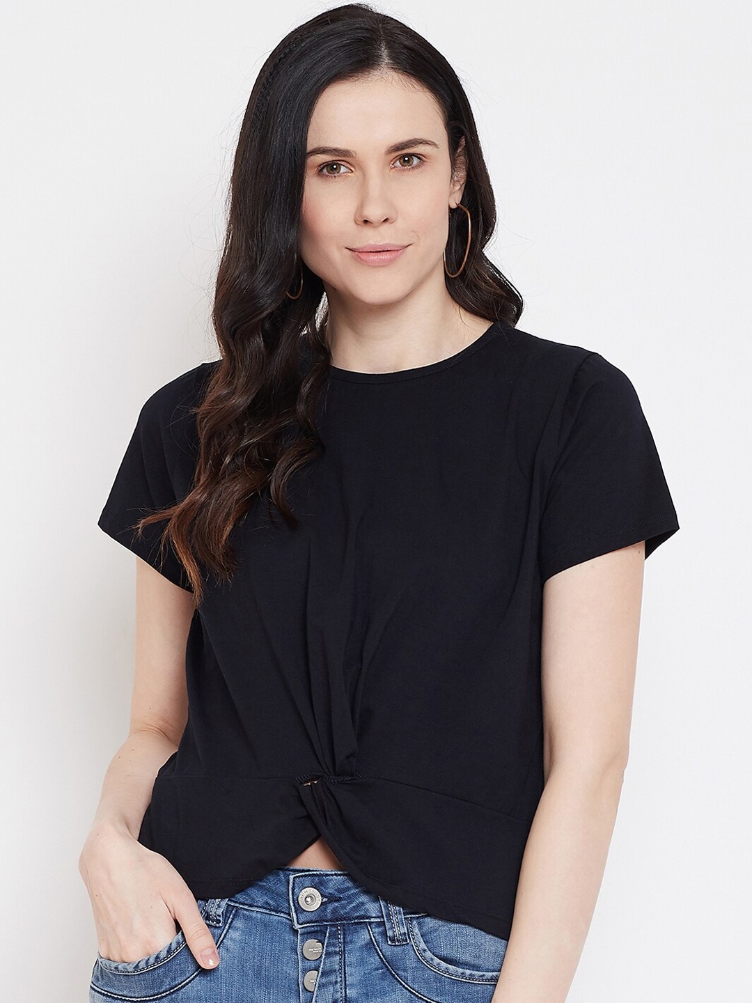 Imfashini Women Navy Blue Solid Round Neck Front Twisted Crop T-shirt