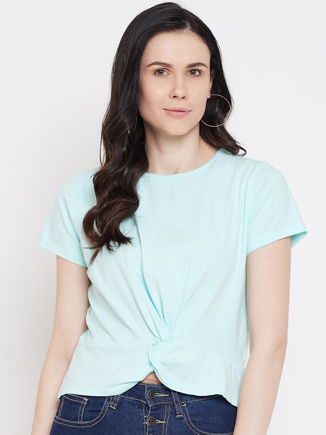 

Imfashini Women Turquoise Blue Solid Round Neck Front Twisted T-shirt