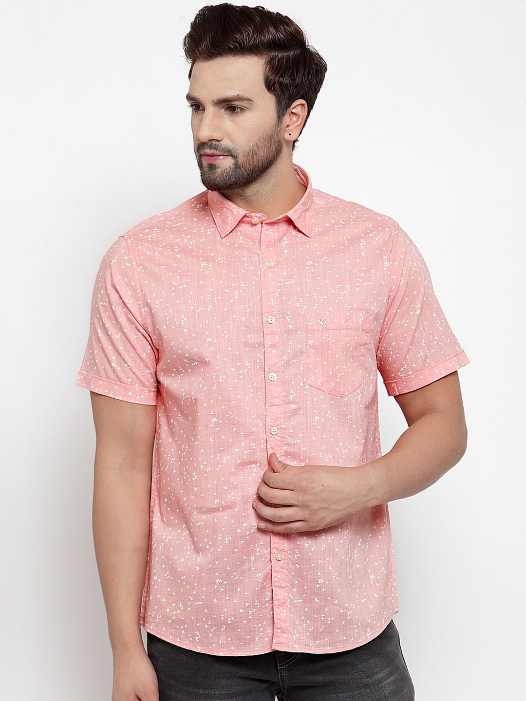 

Cantabil Men Peach-Coloured Regular Fit Printed Casual Shirt