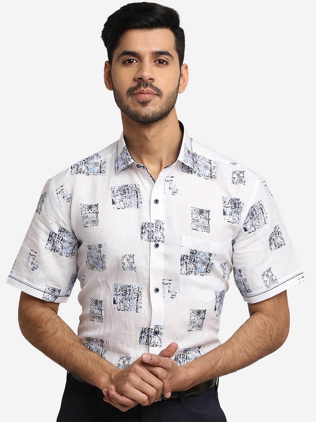 JB STUDIO Men White Slim Fit Printed Cotton Casual Shirt