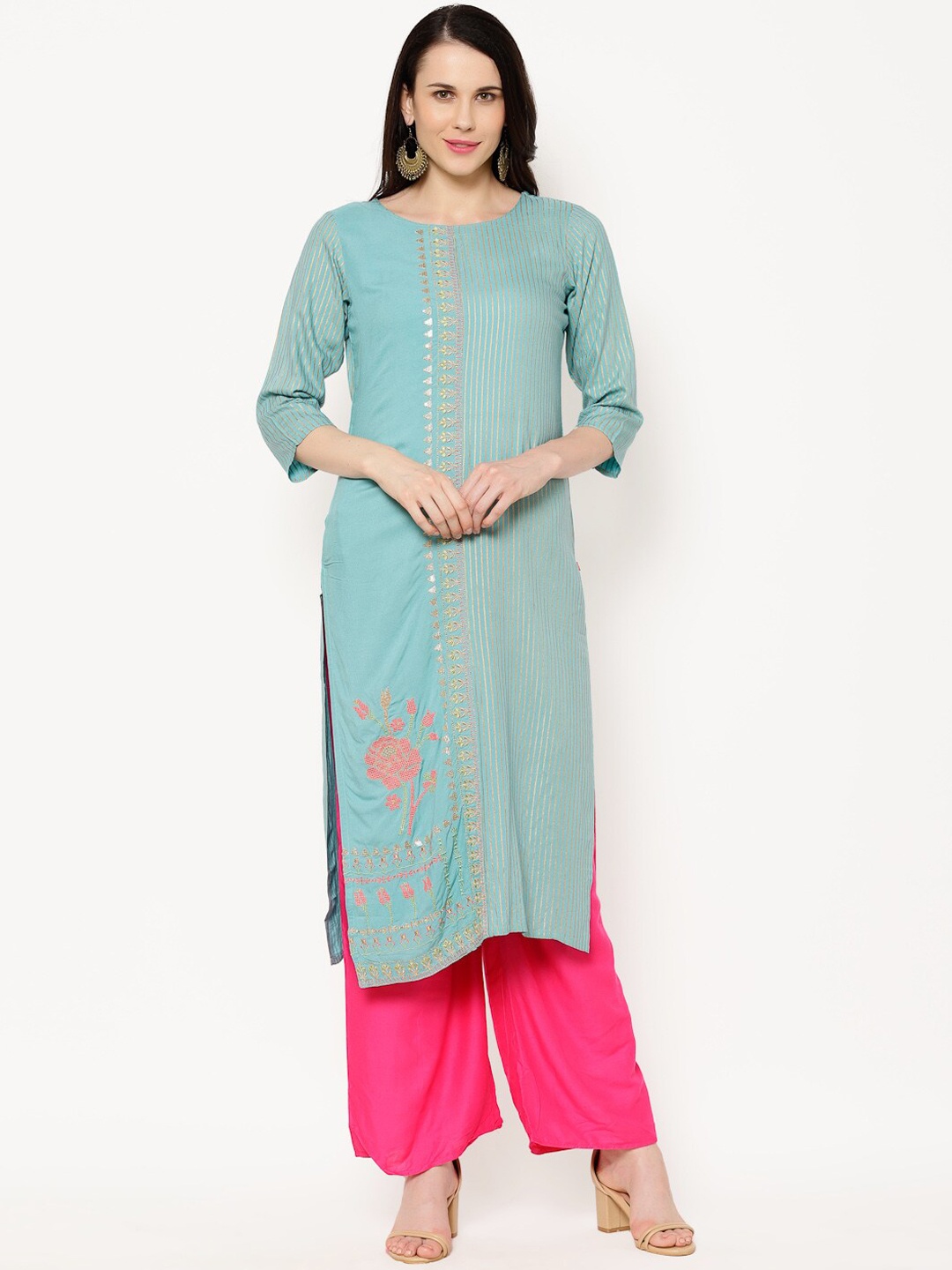 

Ramas Women Blue Floral Embroidered Flared Sleeves Thread Work Kurta