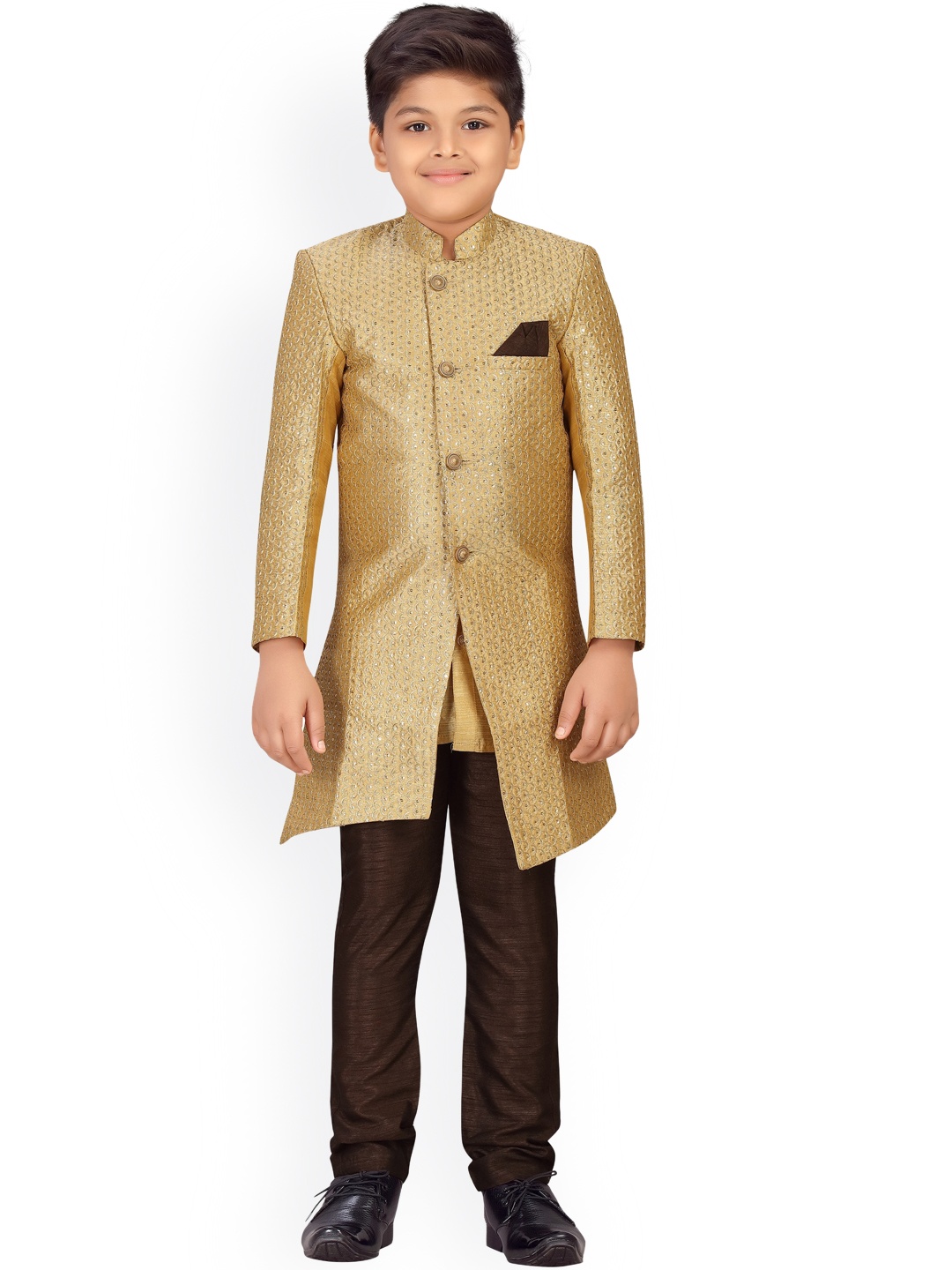 

ahhaaaa Boys Gold-Coloured & Brown Embroidered Sherwani Set