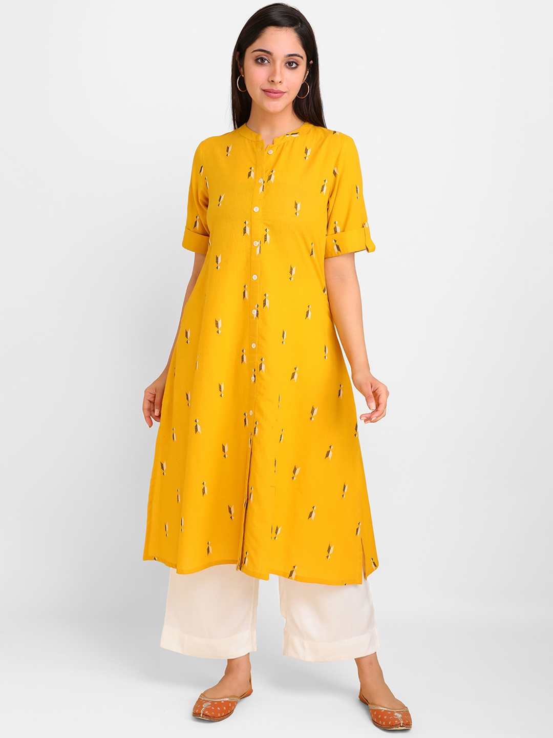

lal10 Women Yellow Geometric Printed Dobby Kurta