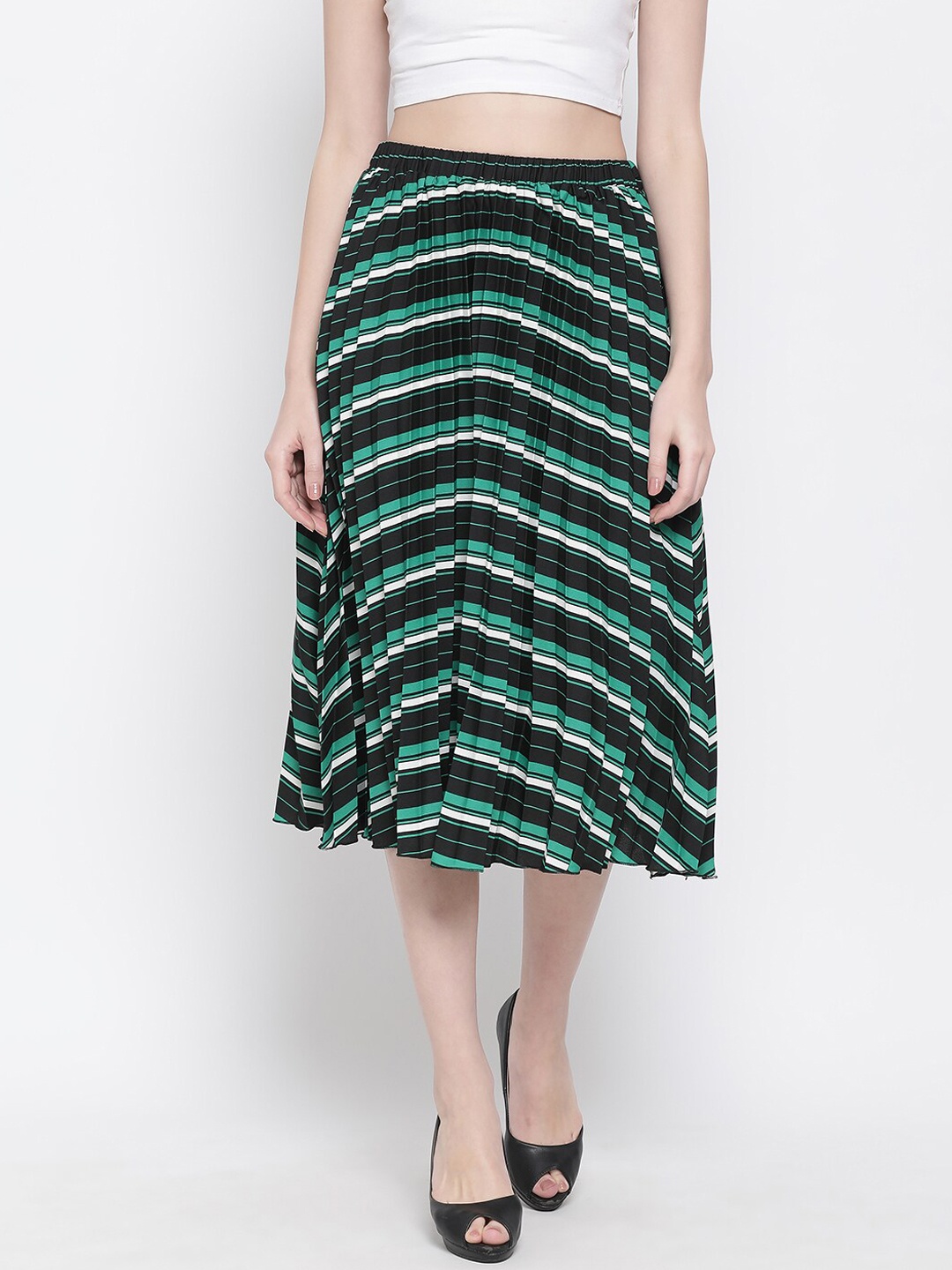 

Oxolloxo Women Black & Green Striped Flared Midi Skirt