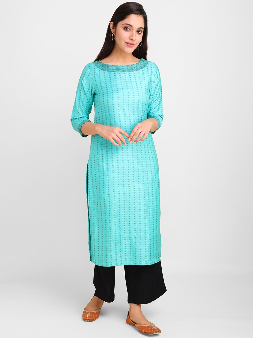 

lal10 Women Blue Geometric Thread Work Dobby Kurta