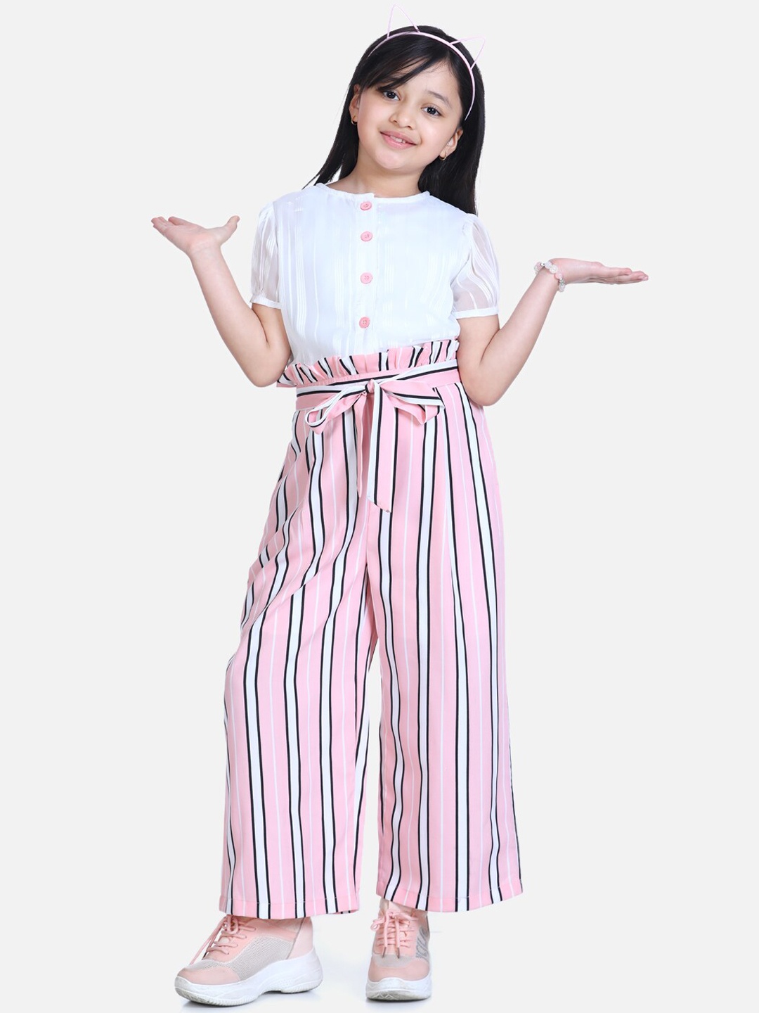 StyleStone Girls Pink & White Striped Basic Jumpsuit