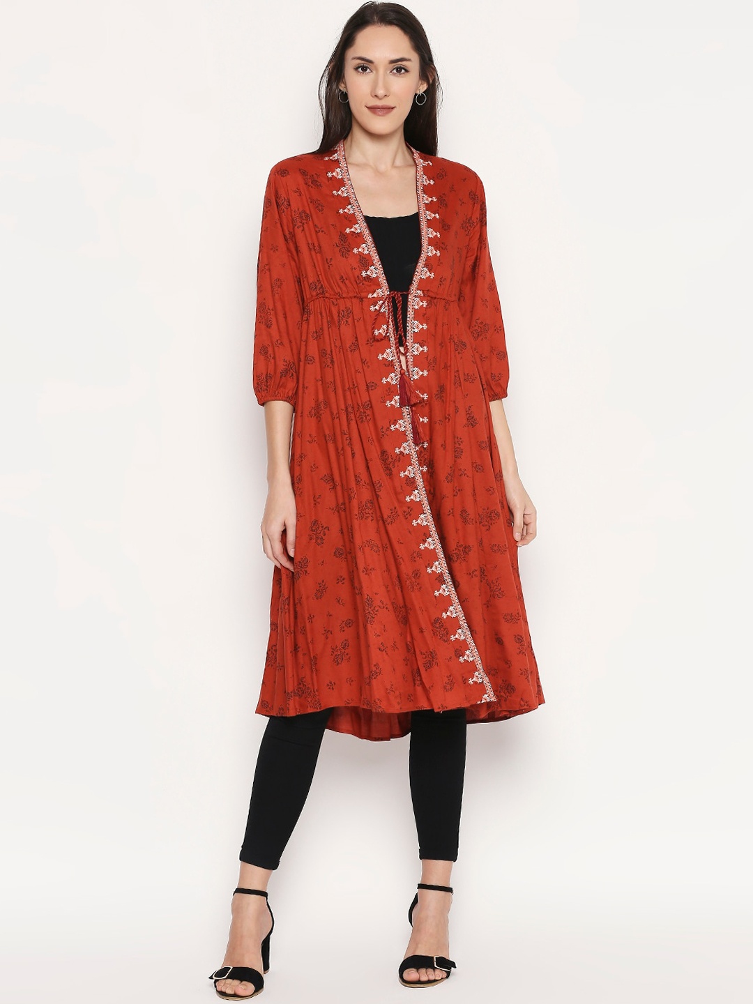 

People Women Rust Orange Printed Open Front Jacket