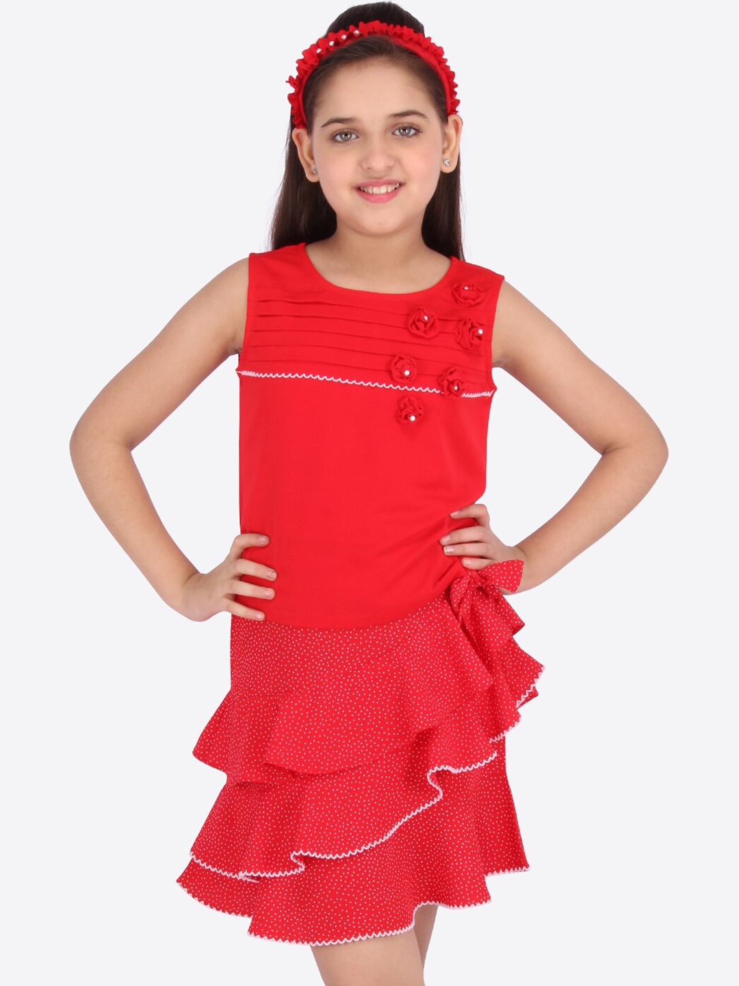 

CUTECUMBER Girls Red Solid Top with Skirt
