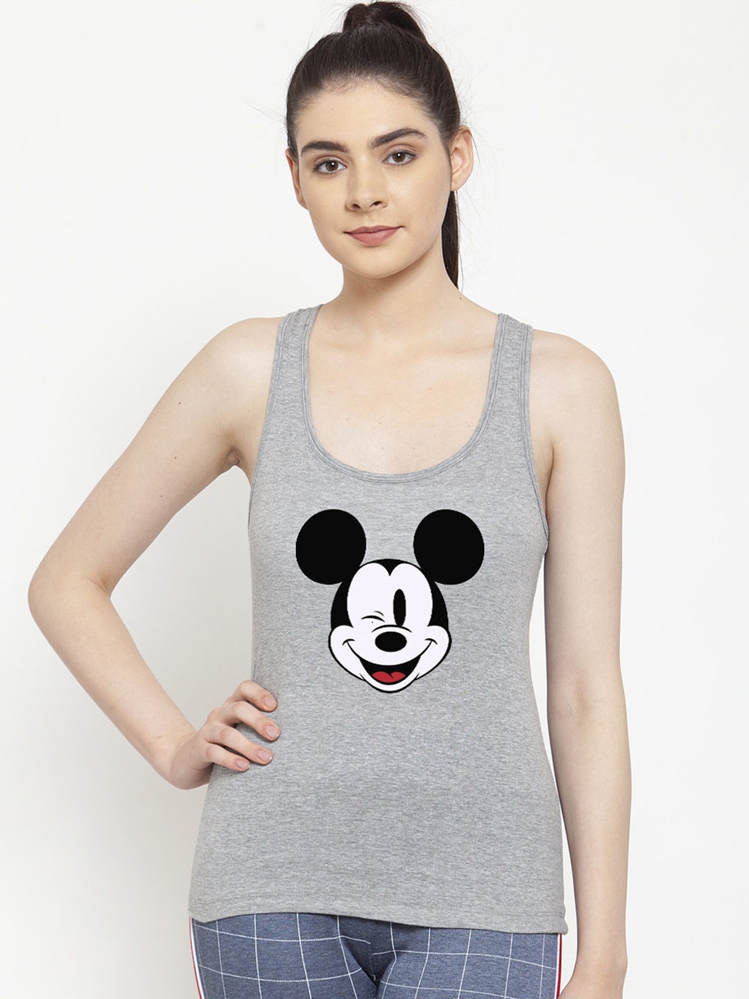 

Friskers Women Grey Melange & Black Mickey Mouse Printed Tank Top