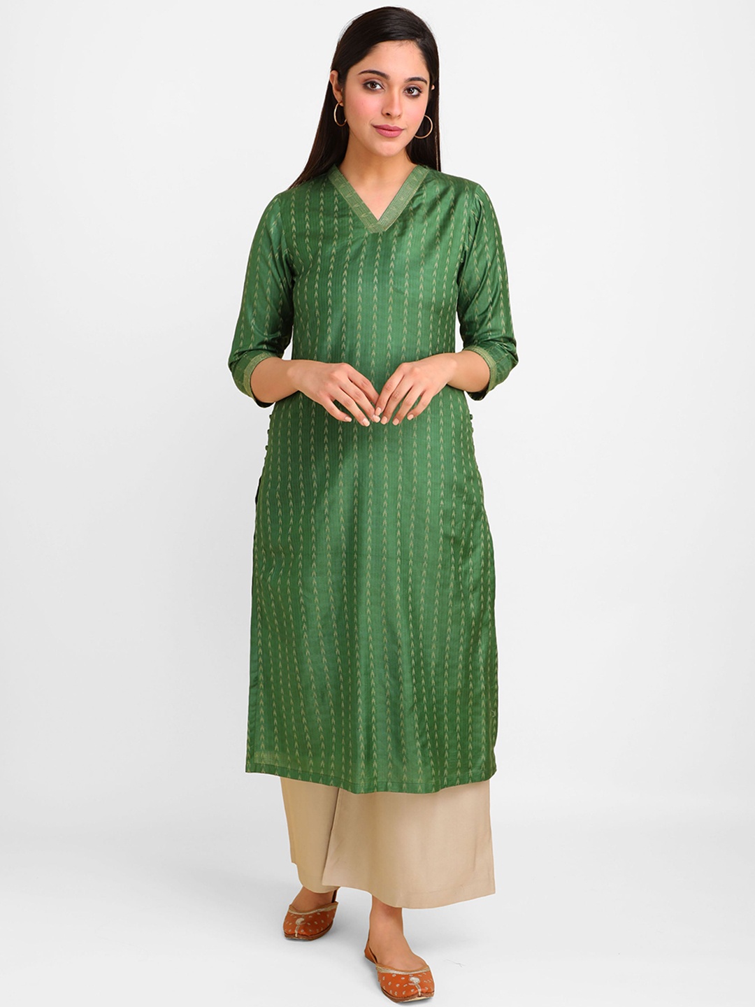 

lal10 Women Green Striped Dobby Kurta