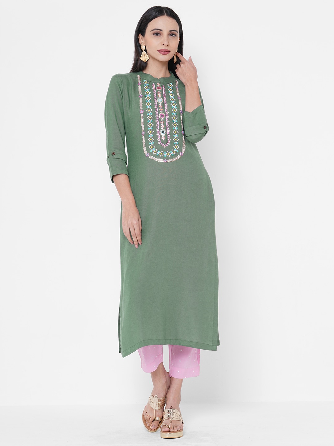 

FASHOR Women Green Embroidered Kurta
