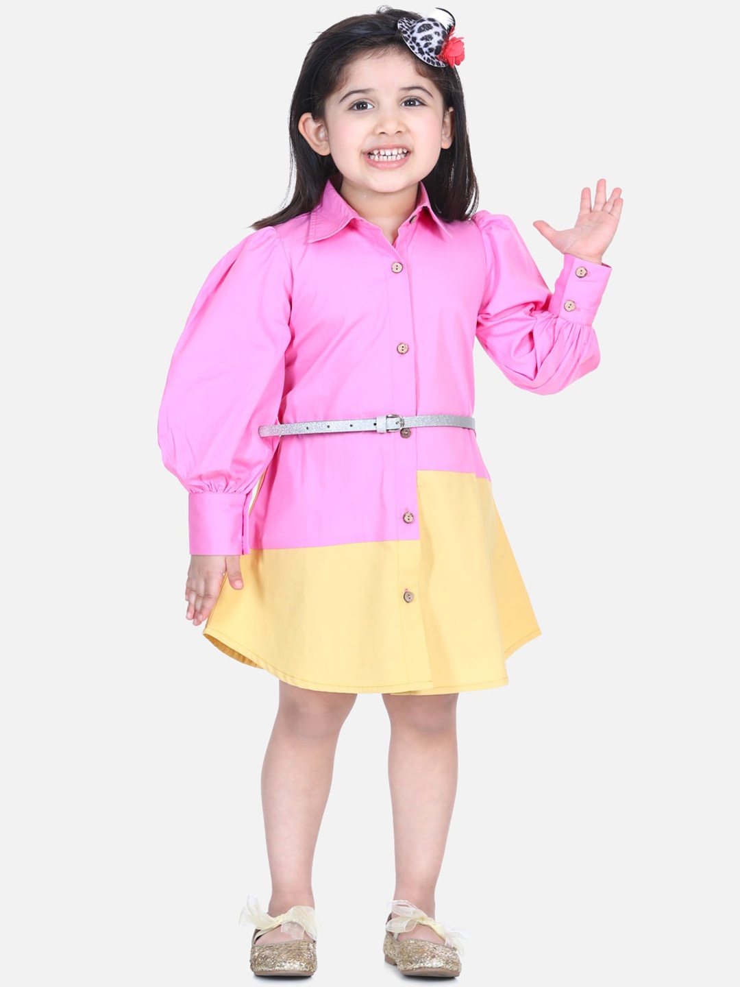 

LilPicks Girls Pink Colourblocked Shirt Dress