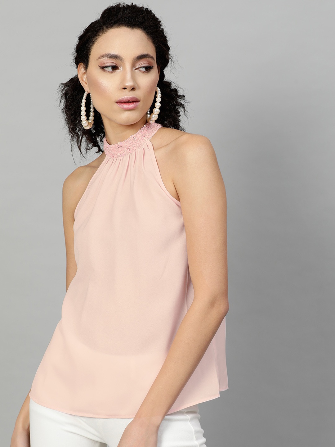 

STREET 9 Pink Halter Neck Georgette Sequins Top