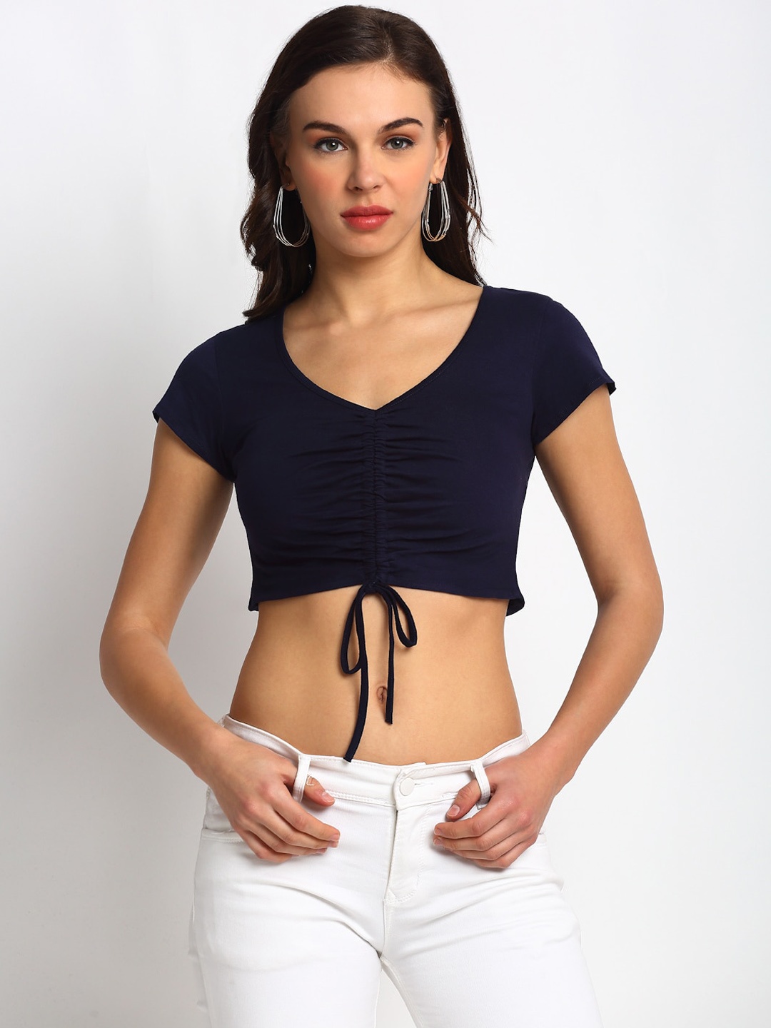 

DOOR74 Women Navy Blue Solid V-Neck Crop Top