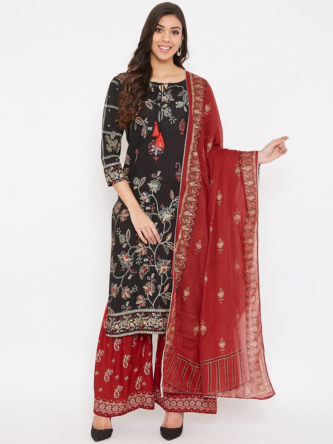 

Prakhya Women Black & Red Printed Kurti with Sharara & Dupatta