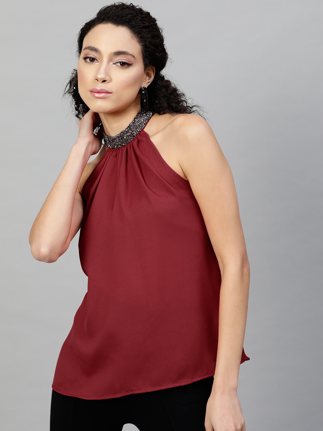 

STREET 9 Maroon Jewel Neck Georgette Top