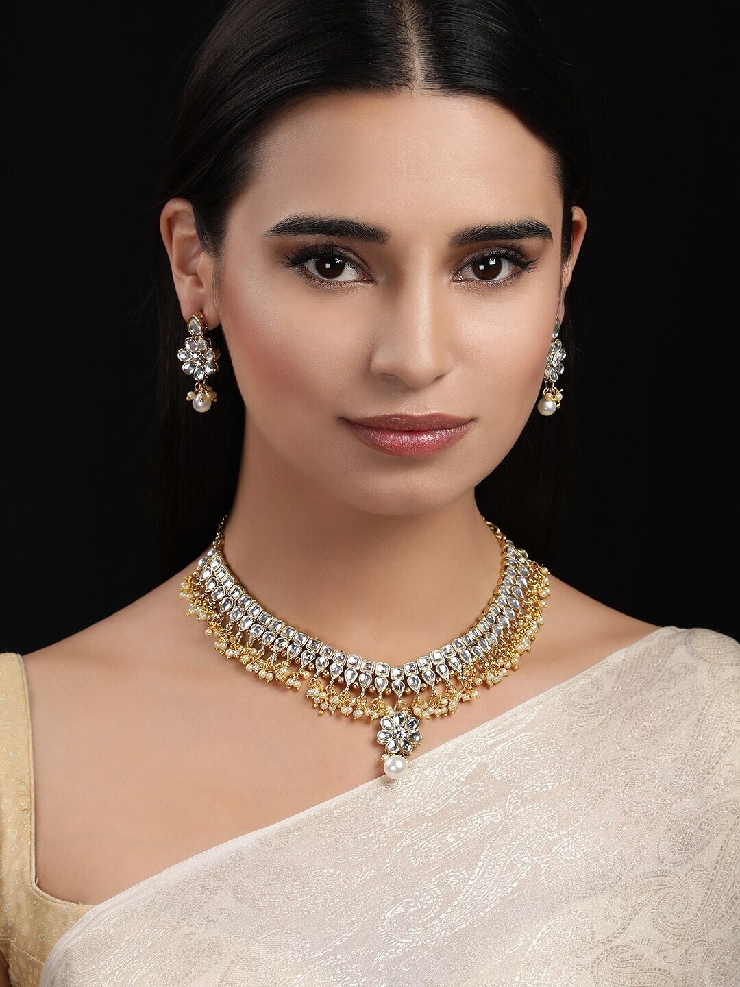 

Rubans Gold-Plated White Kundan-Studded & Pearl Embellished Handcrafted Jewellery Set