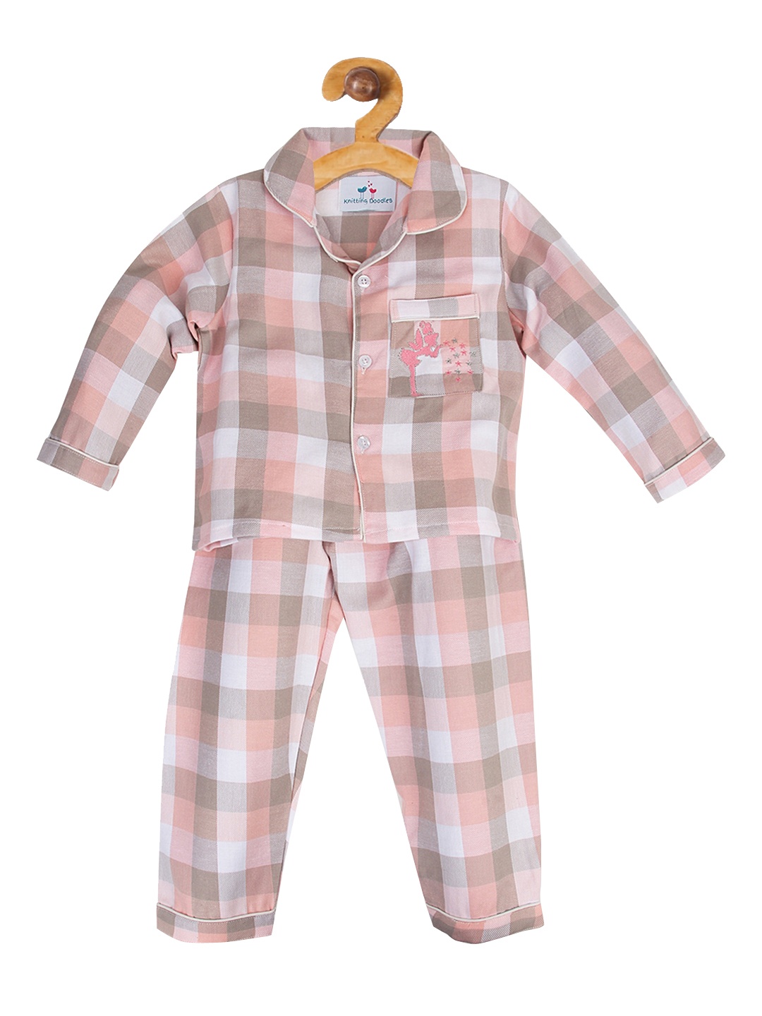 

Knitting Doodles Girls Peach-Coloured & Grey Checked Night suit