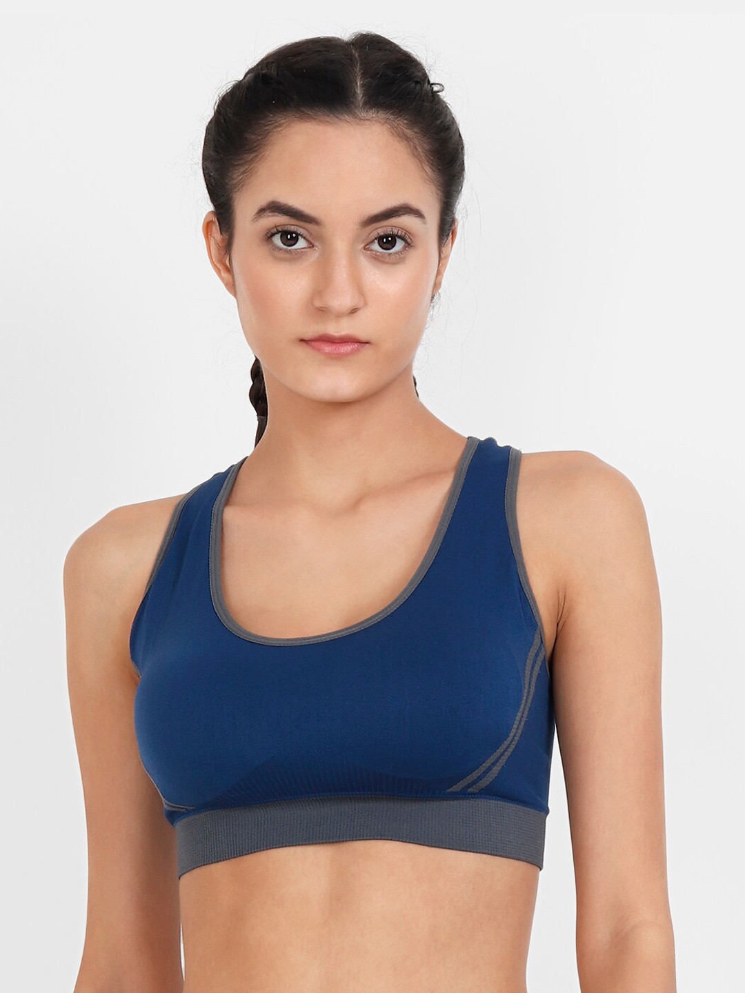 

Lebami Navy Blue Solid Non-Wired Removable Padding Workout Bra