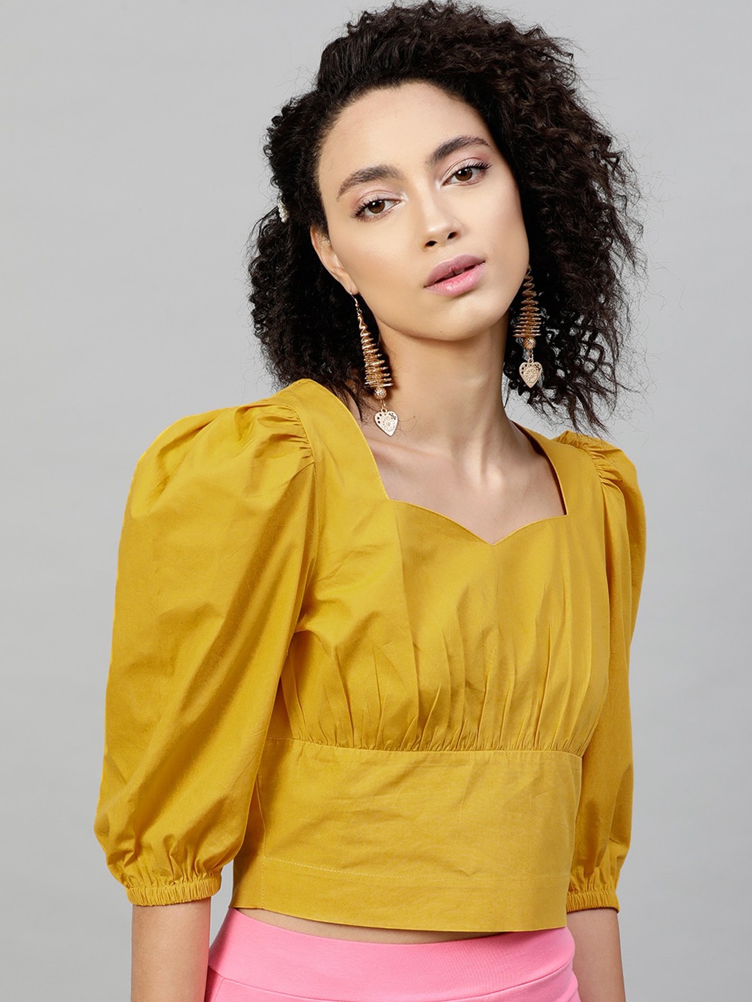 

STREET 9 Mustard Yellow Sweetheart Neck Cotton Top