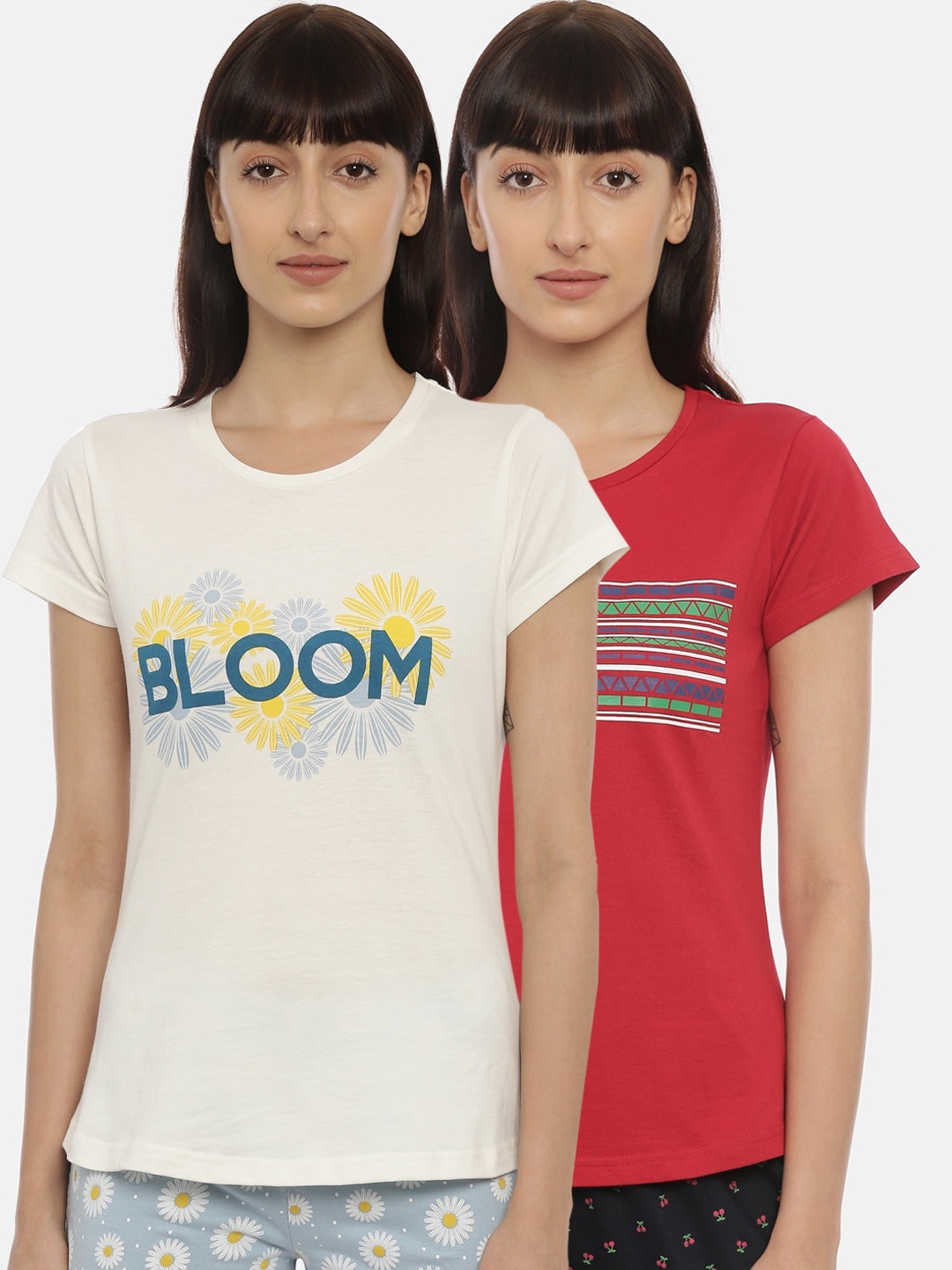 

Curare Women Pack Of 2 Printed Cotton Lounge T-Shirts, Red