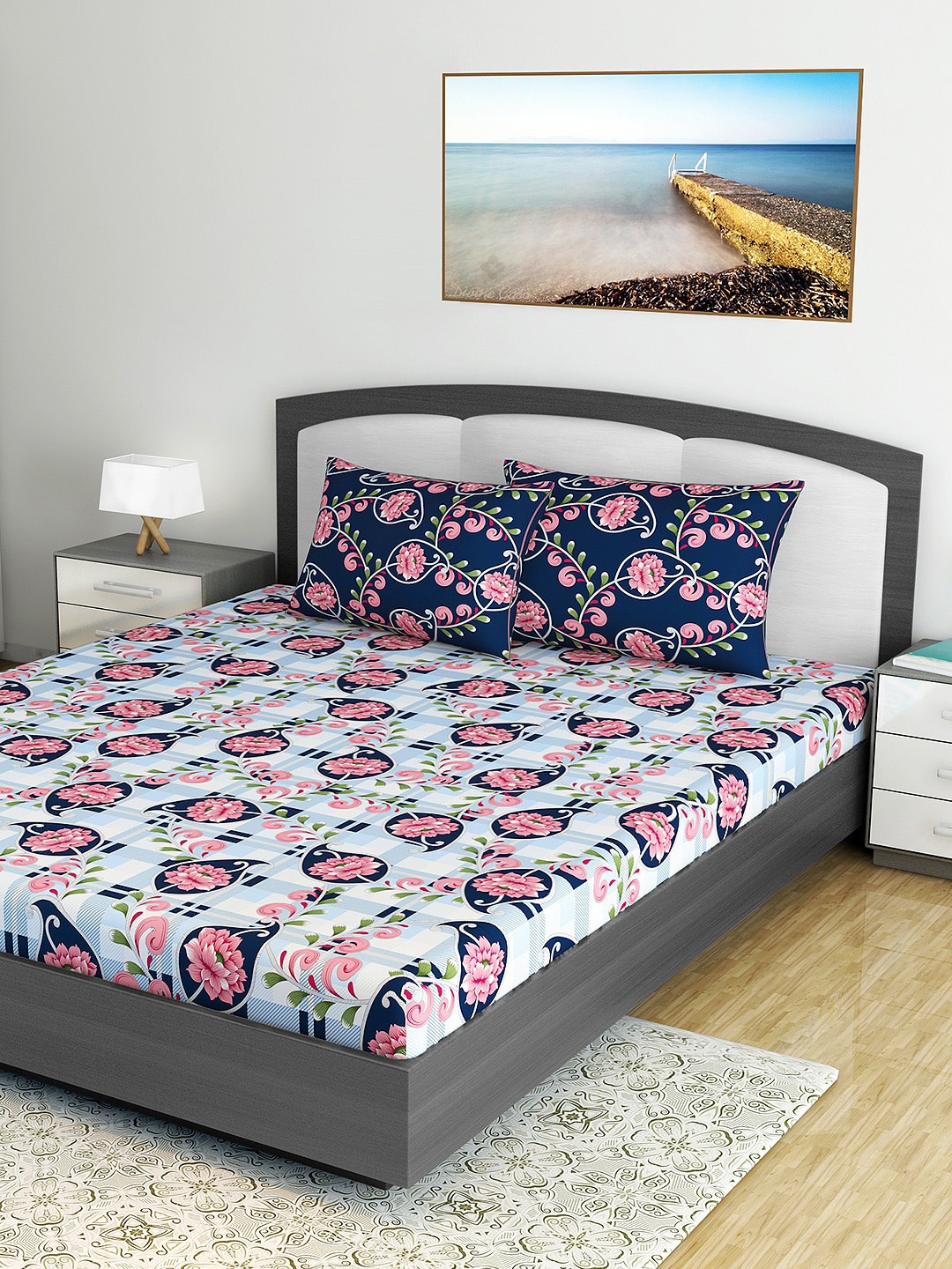Divine Casa Pink & Blue Floral 120 TC Double Bedsheet with 2 Pillow Covers