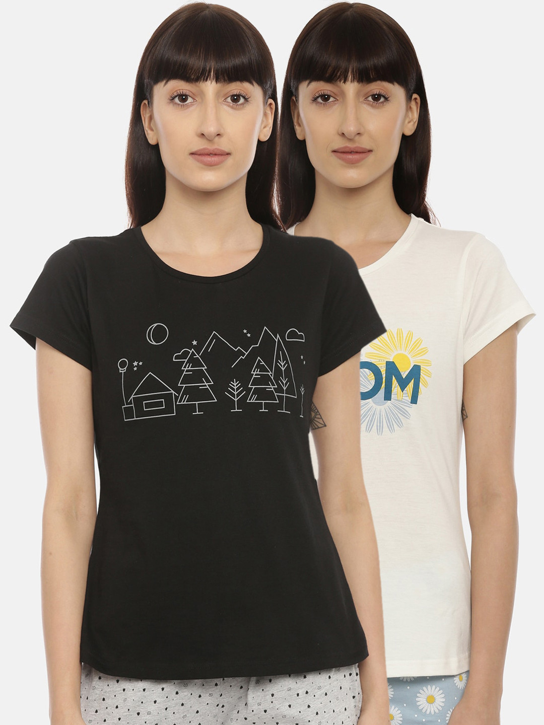 

Curare Women Pack Of 2 Off-White & Black Printed Lounge T-shirts