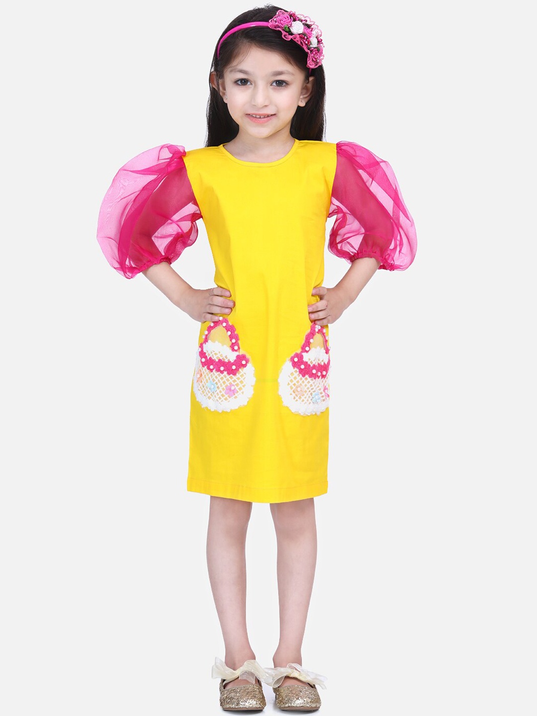 LilPicks Girls Yellow embroidery Flounce Sheath Dress