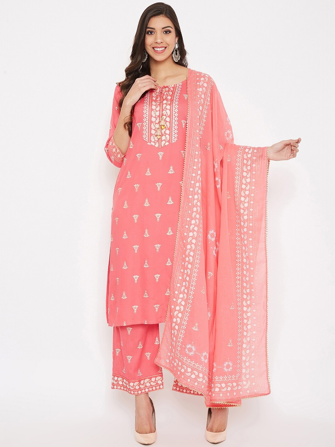 

Prakhya Women Pink & Off-White Printed Kurta with Palazzos & Dupatta