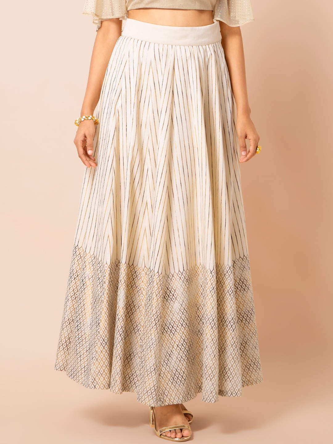 

INDYA Women White & Gold-Colored Foil Printed Sustainable Flared Maxi Skirt