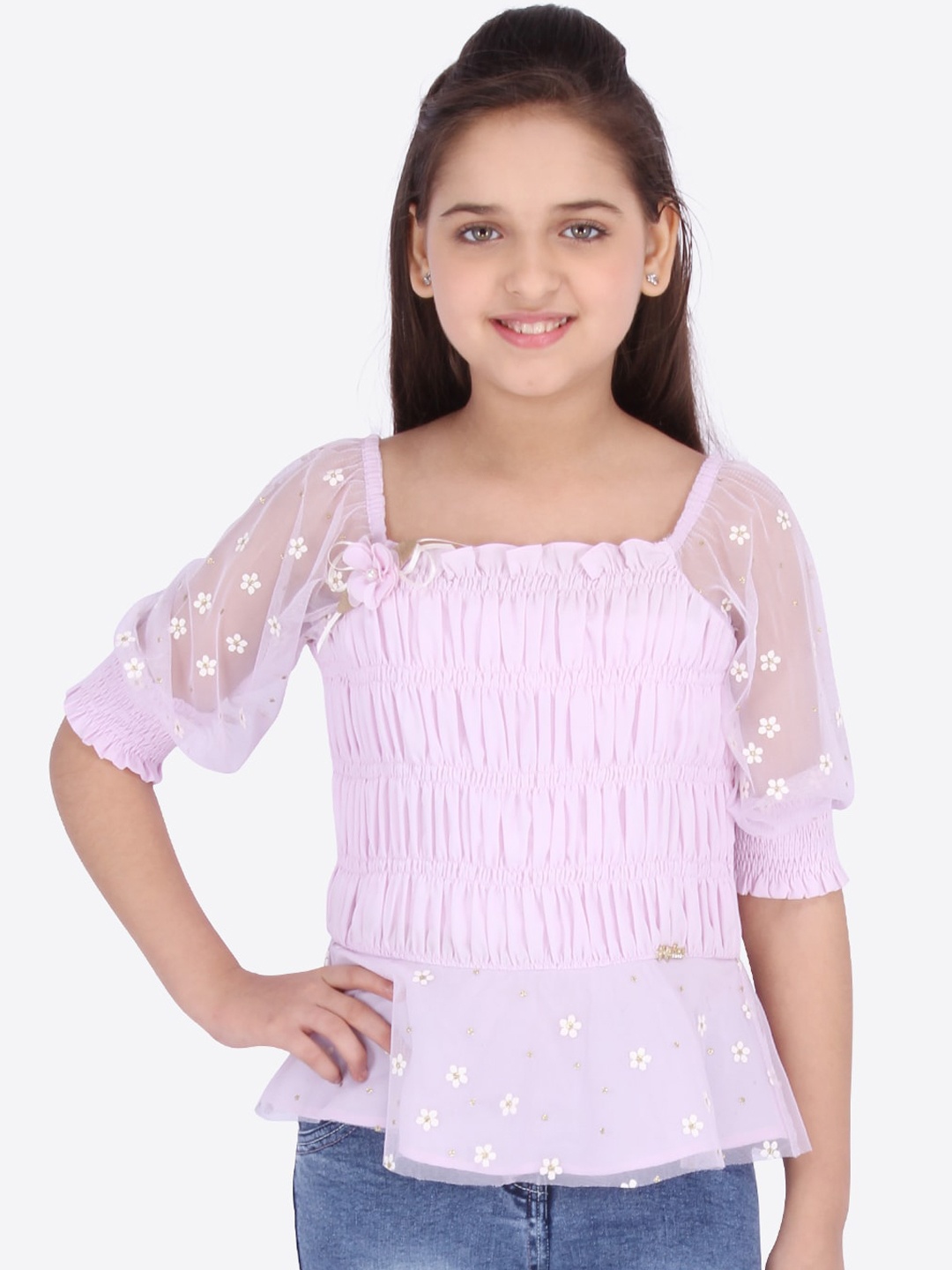

CUTECUMBER Girls Lavender Puff Sleeves Georgette Top