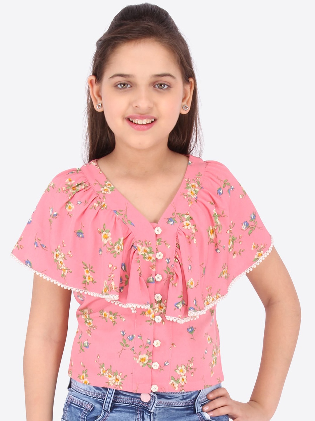 

CUTECUMBER Girls Pink Floral Printed Cape Sleeves Top