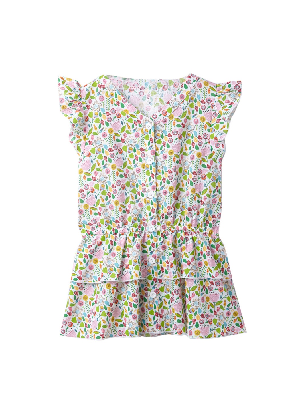 

Cub McPaws Pink & Green Floral Printed Flared Sleeves Cinched Waist Top