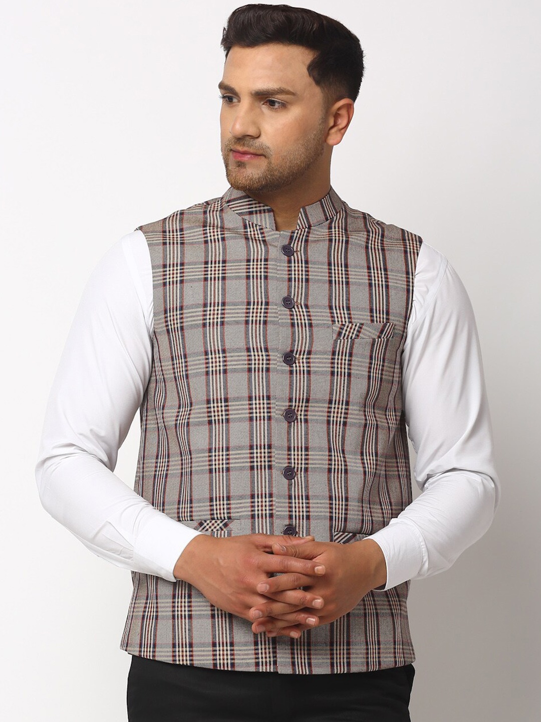 

NEUDIS Men Grey & White Checked Woven Nehru Jacket