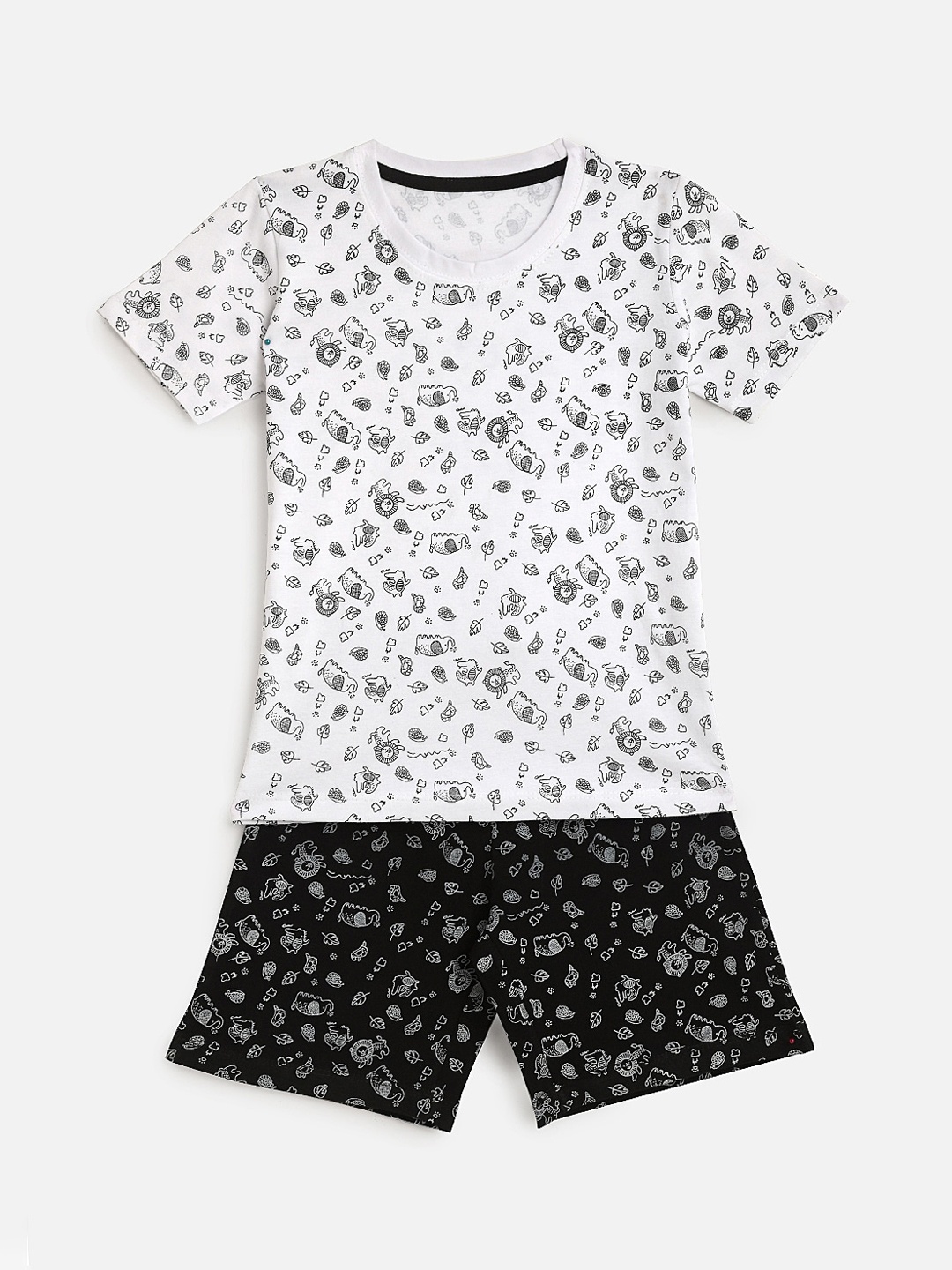 KIDSCRAFT Girls White & Black Printed T-shirt with Shorts