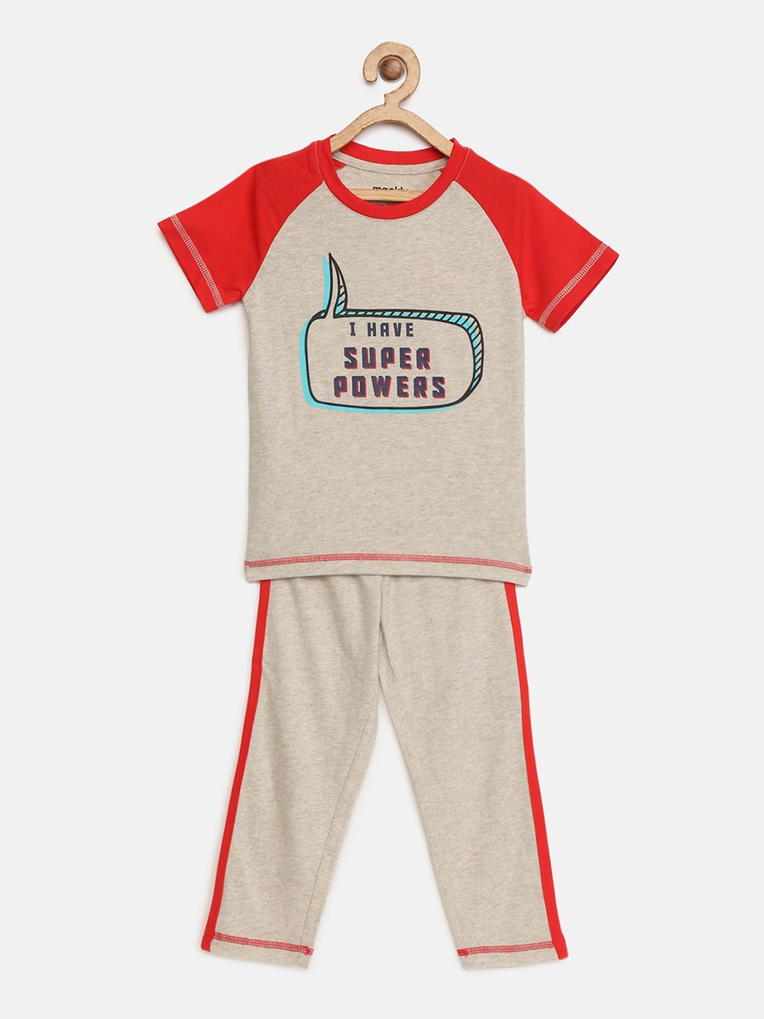 

mackly Boys Grey Melange & Red Printed Night suit