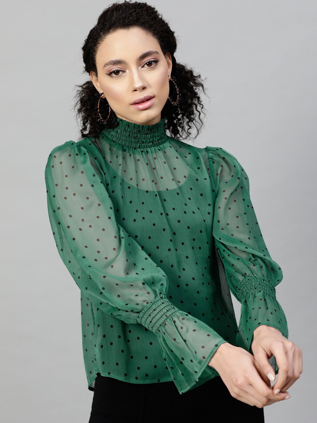 

STREET 9 Green Printed Bell Sleeves Chiffon Top