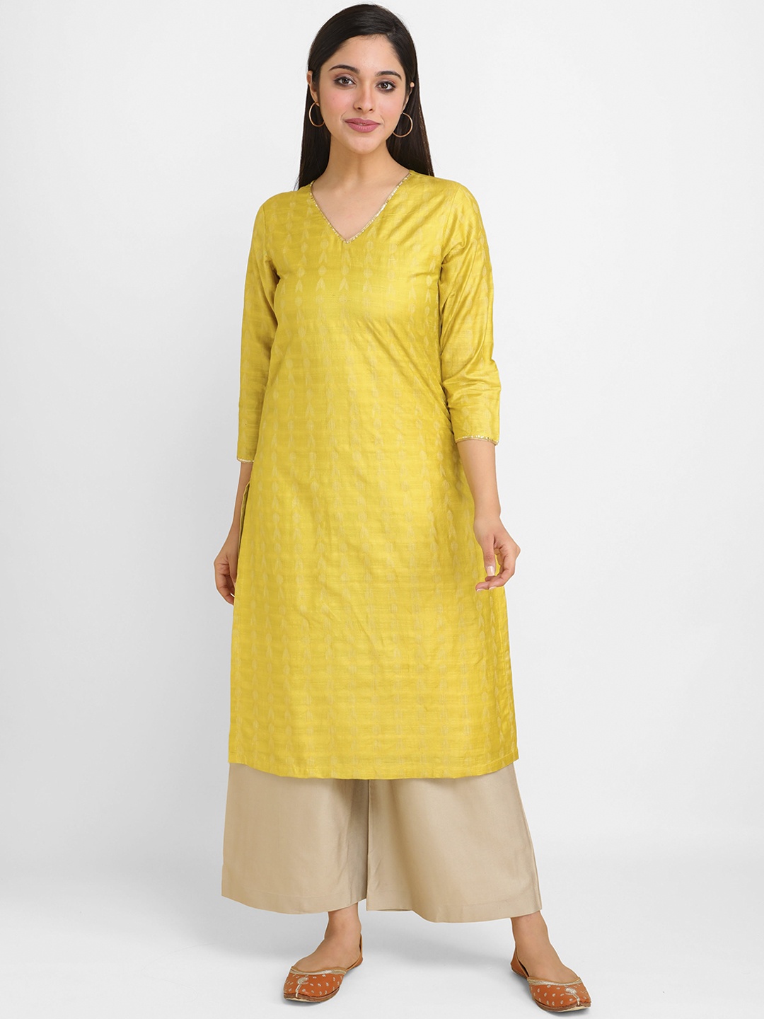

lal10 Women Mustard Dobby V-Neck Kurta