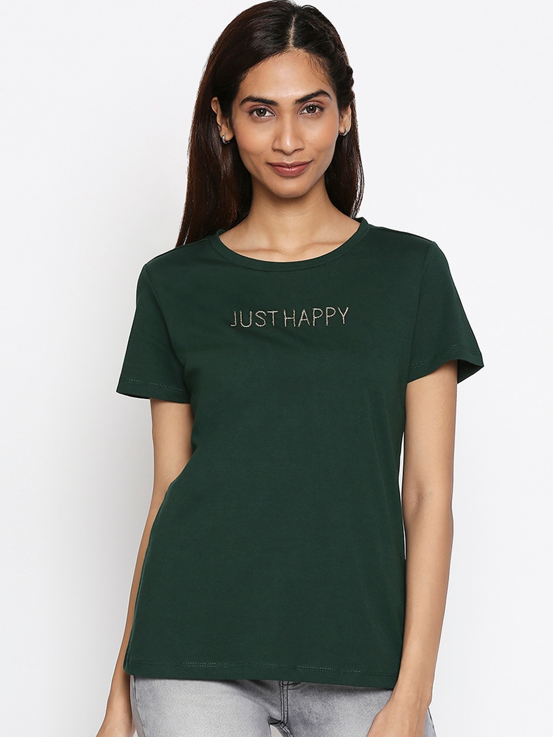 

Honey by Pantaloons Women Olive Green Self Design Round Neck Pure Cotton T-shirt