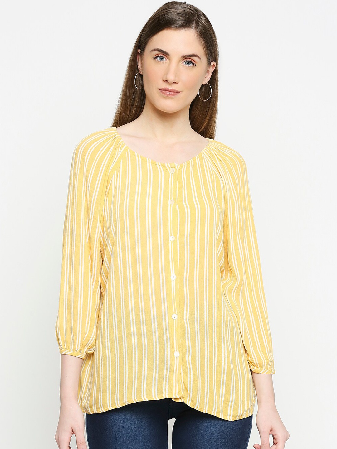 

Honey by Pantaloons Yellow & White Striped Puff Sleeves Top