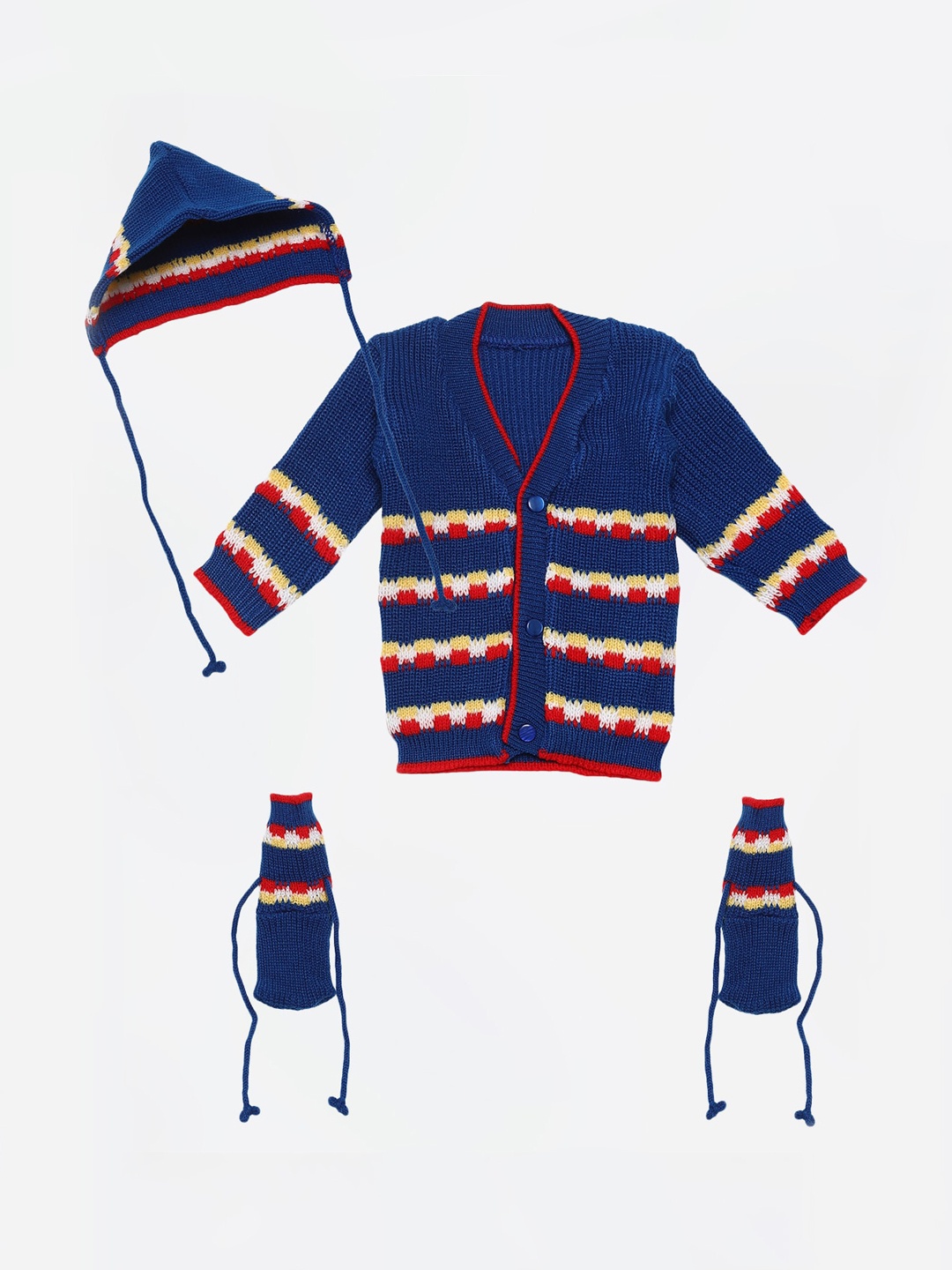 

FABNEST Unisex Kids Blue Pack Of 3 Striped Cardigan Sweater With Cap And Socks