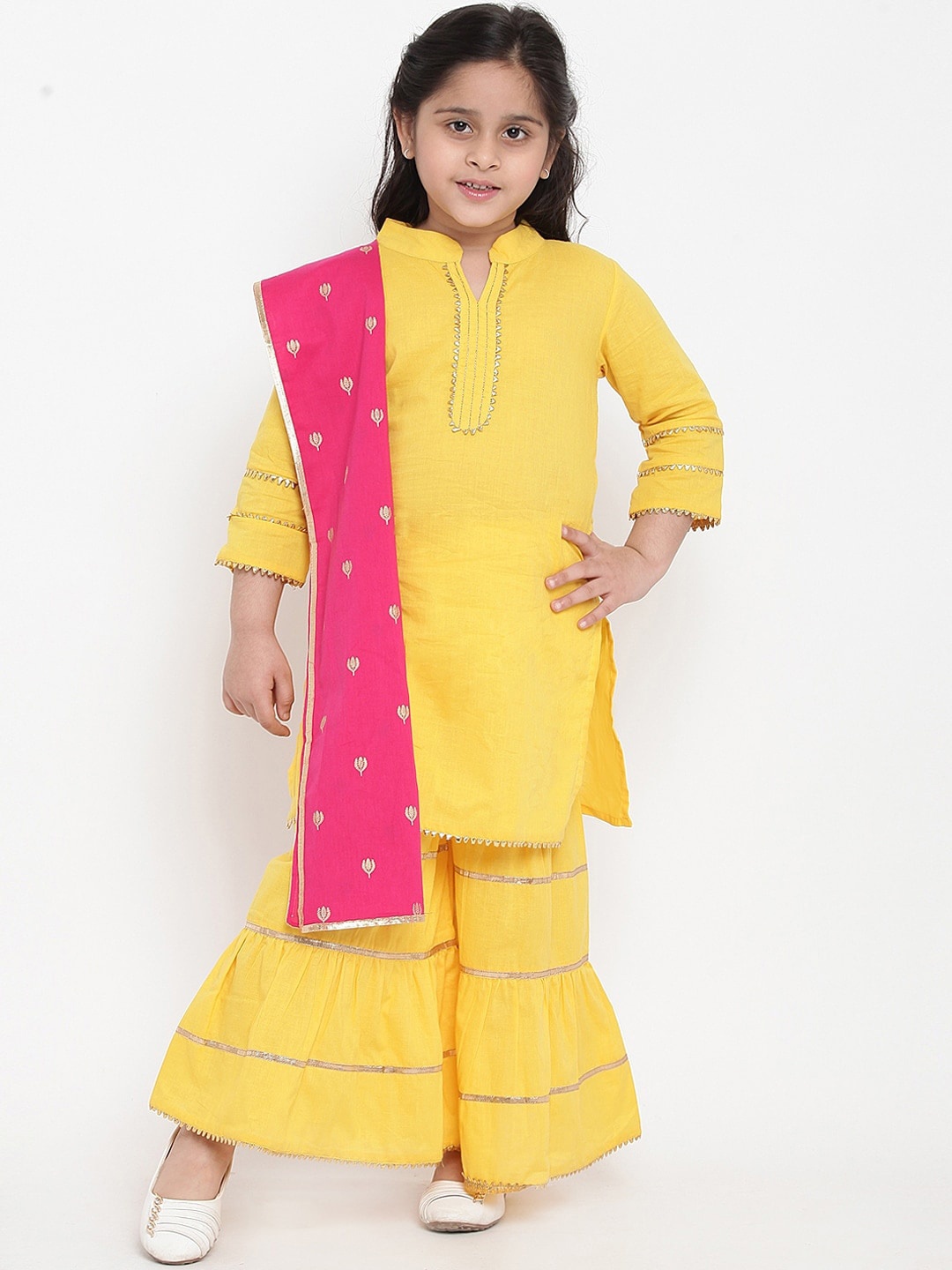 

Bitiya by Bhama Girls Yellow & Pink Solid Kurti with Sharara & Dupatta