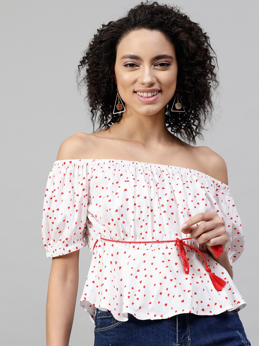 STREET 9 White Printed Off-Shoulder Bardot Top