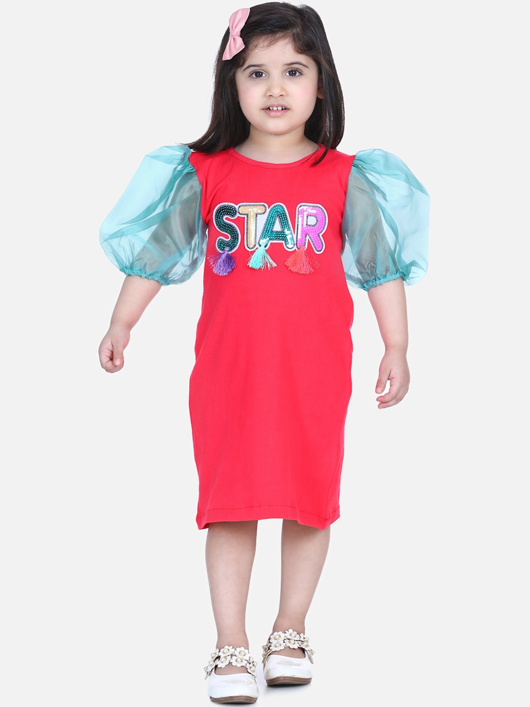 LilPicks Girls Pink& Blue Embellished T-shirt Dress