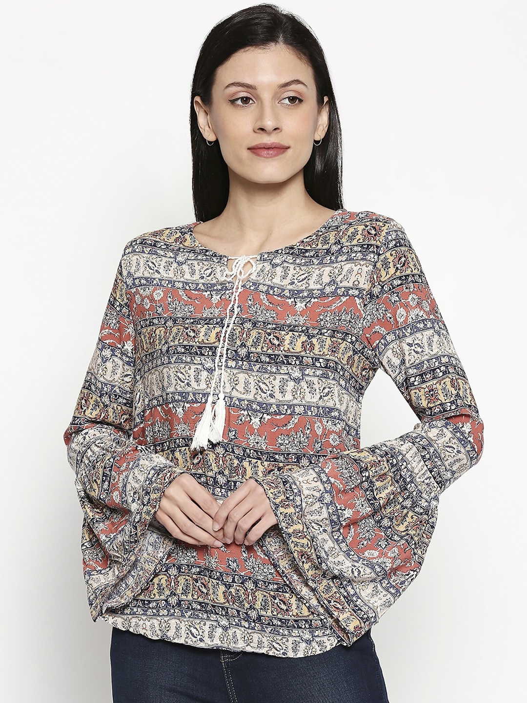 

People Multicoloured Printed Tie-Up Neck Bell Sleeves Top, Multi