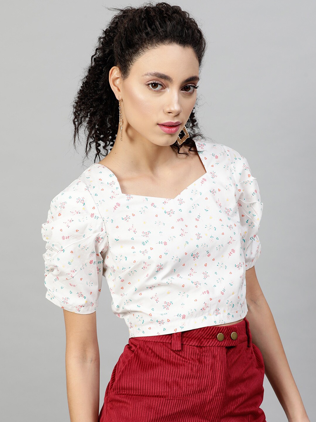

STREET 9 White Floral Printed Sweetheart Neck Puff Sleeves Top