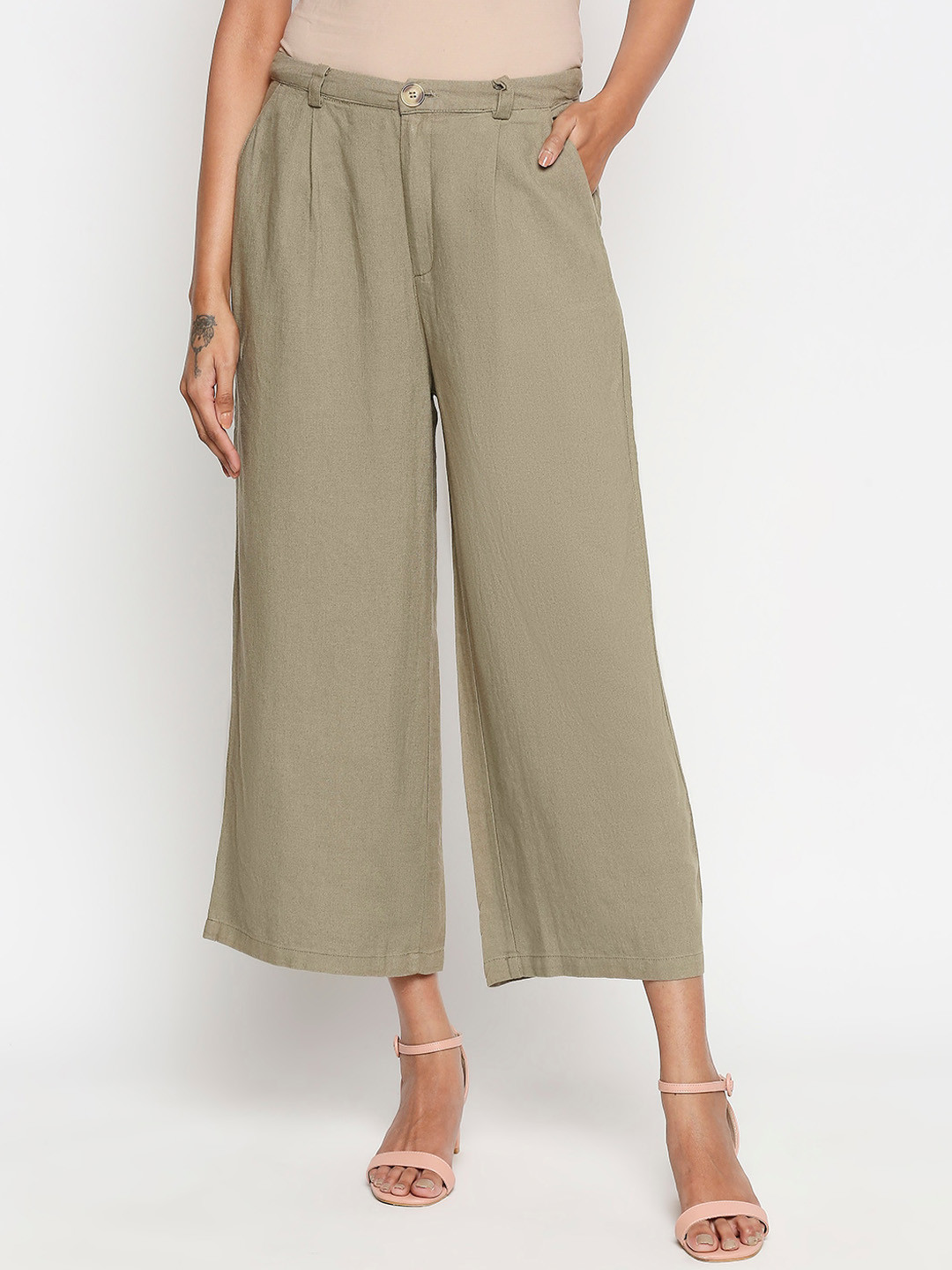 

Annabelle by Pantaloons Women Olive Green Regular Fit Solid Linen Culottes