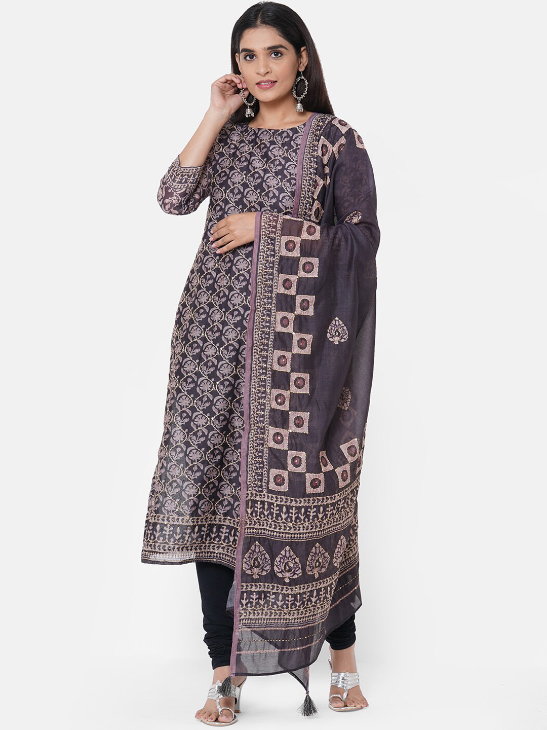 

FASHOR Women Black Ethnic Motifs Printed Kurta With Dupatta